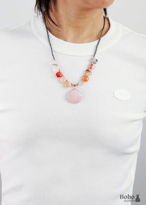 Boho Necklace, Rose Quartz Pendant Necklace